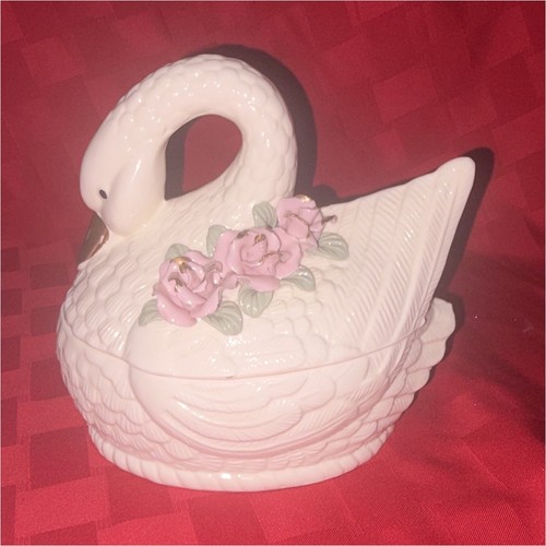 Vintage Ceramic Swan Trinket Box Lid Pink 3D Roses Covered Candy Dish 6"