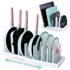 Pots and Pans Organizer under Cabinet, Bamboo Expandable Bakeware and Cutting...