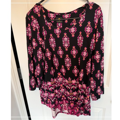 JM Collection Womens Black Pink Medallion Print 3/4 Sleeve Scoop Neck Tunic Top