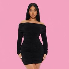 Fashion Nova Lake Ruched Long Sleeve Mini Black Dress Size Large NWT NEW LBD