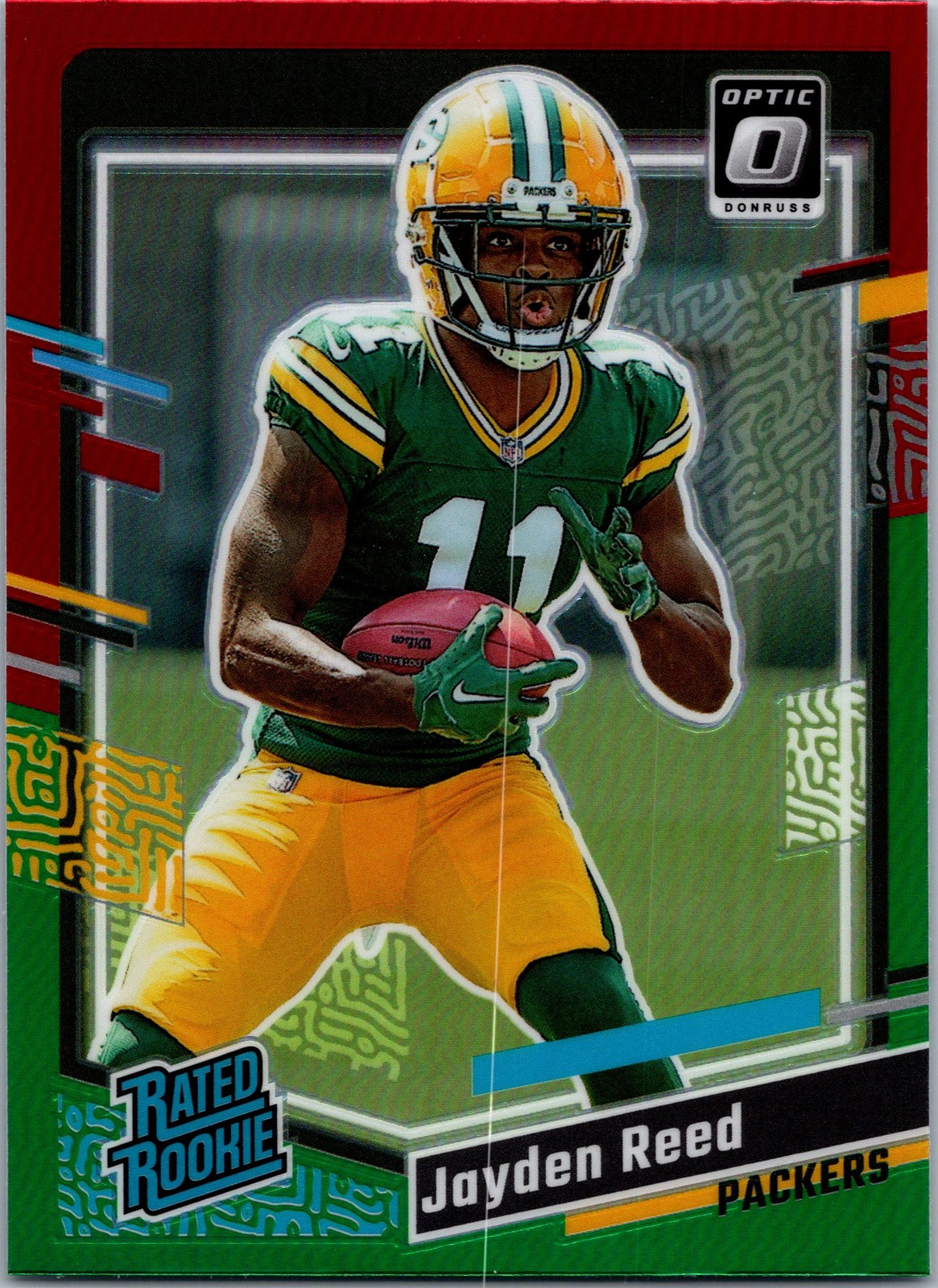 2023 Donruss #334 Jayden Reed Optic Rated Rookie Preview Red & Green Prizm