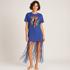 Farm Rio x Anthropologie Fringe T-Shirt Maxi Dress Large Blue Toucan Cotton NWT