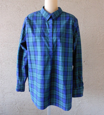 Lands  End Womens Size 14/L Blue Green Plaid Pullover 1/2 Button Tunic Shirt