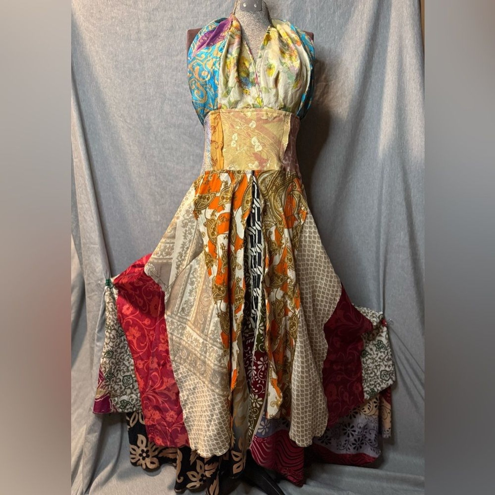 Silk Handmade Multicolor Patchwork Halter Dress XL - image 2