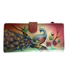 Anuschka Hand Painted Leather RFID Wallet Peacock Floral Design Checkbook Cover