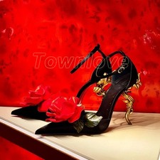 Womens Satin Pointed Toe Flower Ankle Strap High Strange Stiletto Heel Design Sz