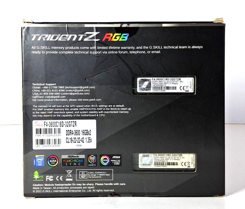 G. SKILL TridentZ RGB Series 32GB (2 x 16GB) PC4-28800 DDR4 3600Mhz CL18 Tested - Image 3 of 4