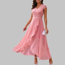 Womens Chiffon Evening Party Midi Dress Ladies Lace Swing Dresses Gown Size