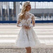 Short Wedding Dress Illusion Decal High Neck A-line Knee Length Lace Bridal Gown