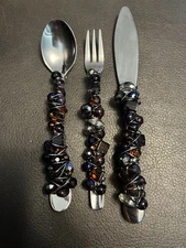 Beaded Silverware Set (Fork, Spoon, Knife) 3 Pc Set W Napkins