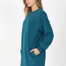 Zenana Sweatshirt Womens Casual Crew Neck Long Line Oversized Pockets Teal S