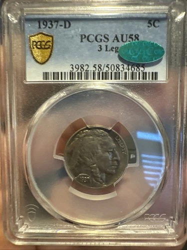 1937-D 5c 3 Legs Pcgs AU 58 CAC
