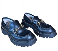 Gucci Cordovan Harald Black Leather Horsebit Lug Sole Loafers Size EU 37 US 7
