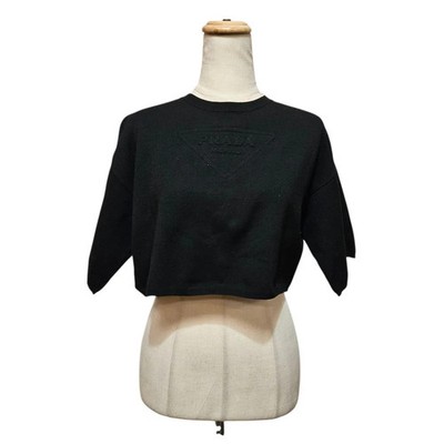 Prada Black Logo Crop Top Size 38 Cotton Viscose Luxury Preloved Womens