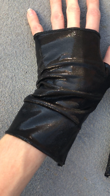 Black Fingerless Gloves Holographic Arm Cuffs Oil Slick Wet Look