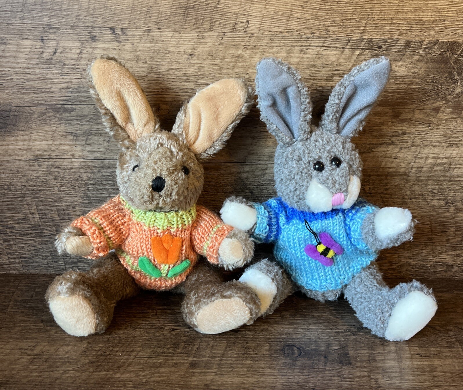 VTG Hugfun Plush Lot Bunny Rabbits In Sweaters Tulip Butterfly Cute Easter Gift