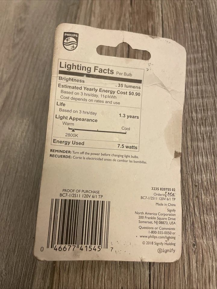 Philips Night Light Bulb 7.5w White S11 Medium Base 120V NEW OS* Sealed - Image 2 of 2