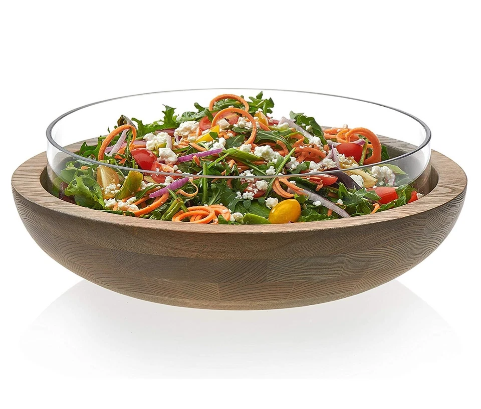 TIGELA GRANDE PARA SERVIR SALADA DE VIDRO/MADEIRA LIBBEY + UTENSÍLIOS + TÁBUA DE SERVIR DE MADEIRA FEITA À MÃO - Imagem 2 de 4