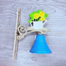Vintage cast iron dinner bell wall art w/ flower pot decor cottage core painted