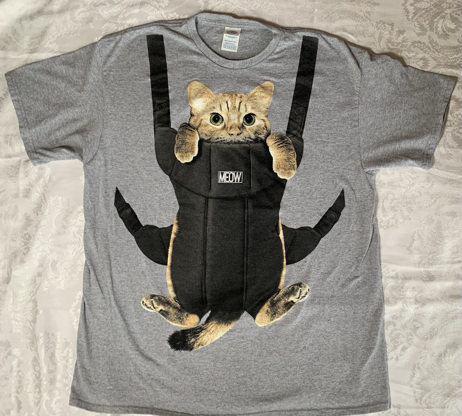 Cat Baby Carrier Funny Gray T Shirt Men’s Size XL Meow Cat Lover-image
