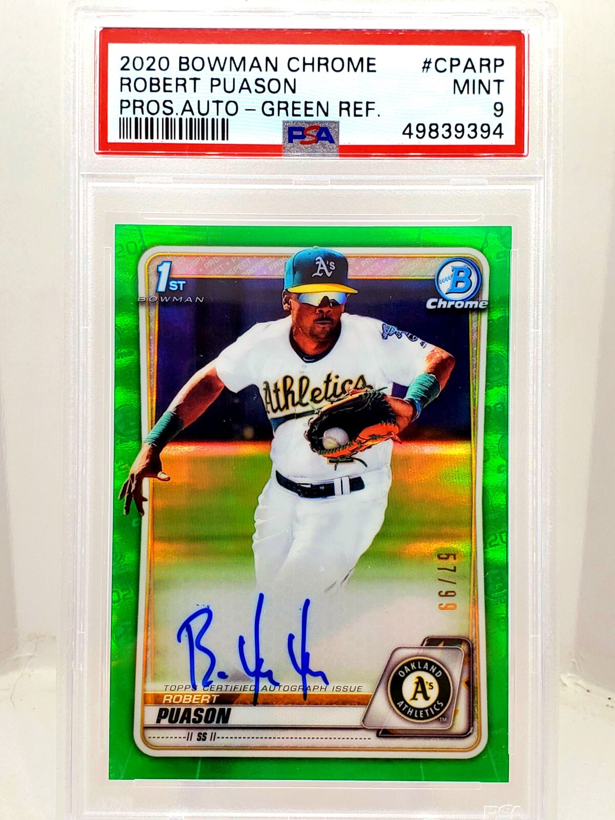 2020 Bowman Chrome 1st Robert Puason Green Refractor Auto /99 PSA MINT 9 A's RC