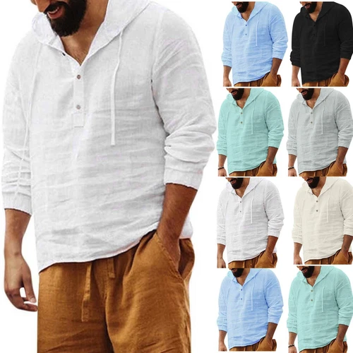 Men Autumn Casual Cotton Linen Shirt Long Sleeve Hooded Loose Blouse Button Top - Picture 3 of 17