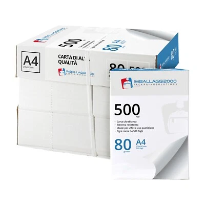 IMBALLAGGI 2000 - Risma Carta A4 per Stampante, 5 Risme da 500 Fogli 80 gr/mq