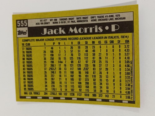1990 Topps Baseball #555 Jack Morris Detroit Tigers - Picture 2 of 2