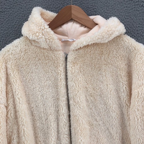 Pink Lily Coat Womens Medium Ivory Teddy Fleece Hooded Zip Up Pockets Comfort - Picture 2 of 11