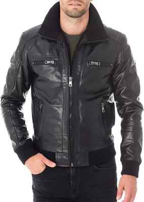 New Star Collection Herren Schwarze Ripp Leder Bomber Bikerjacke Easy Rider