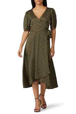 STUDIO B BY BOBEAU Collection Lumi Silk Wrap Dress Olive Leopard Print Large