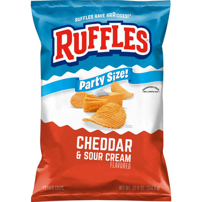 Ruffles Cheddar & Sour Cream Potato Snack Chips, Party Size, 12.5 oz Bag.