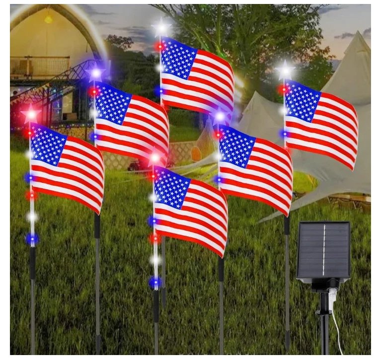 6 Flag Solar Lights 30LED 4th July Pathway Decor 8 Modes Red White Blue Yard