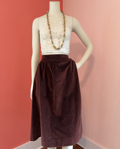 70s Vintage Lord & Taylor Brown Velvet Velveteen Romantic Midi Skirt Pockets M