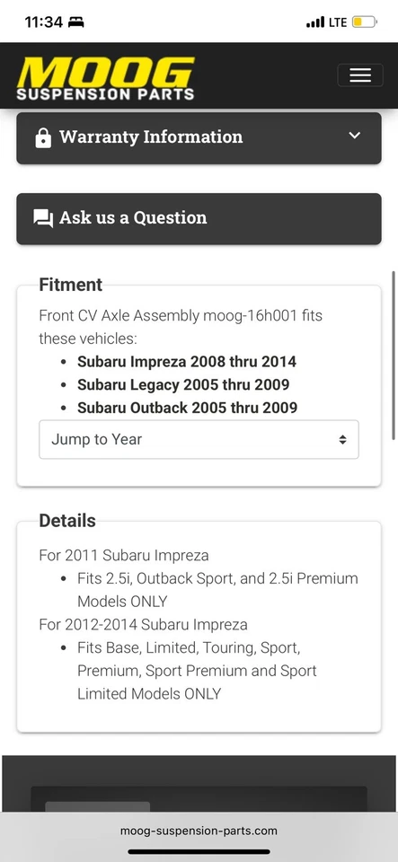 Conjunto de eje Moog para Subaru Impreza, Outback y Legacy Foto 3 de 3