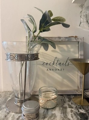 Vtg FTD Vase Glass & Silver Decorative Perforate Metal Pedestal 1960s Elegant 9''