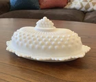 Vintage FENTON White Milk Glass Hobnail Covered Butter Dish COTTAGECORE ✨