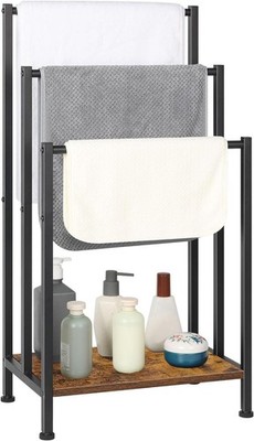 Towel Rack Freestanding, Blanket Rack Stand with Wooden Storage Shelf, 3 Tier