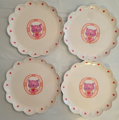 4 ct Pillowfort 10'' Scalloped Melamine Dinner Plates Pink Cat Valentines Set