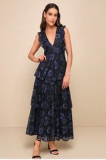 Lulus Molinneto Navy Blue Lace Raffled Tiered Sleeveless Maxi Dress Size L