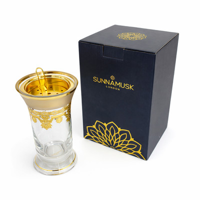 SUNNAMUSK Luxus Grand Glas Bakhoor Brenner Räucherstäbchen Halter Geschenk Oud Arabisch Gold