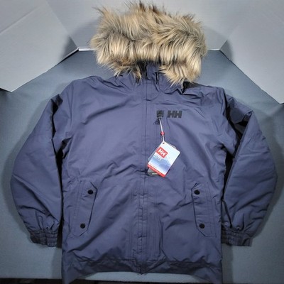 Helly Hansen Dubliner Insulated Parka Jacket Mens XL Blue Hooded Fur Ruff NEW