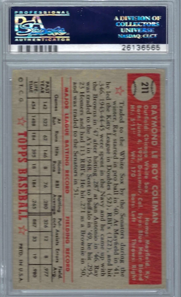 1952 Topps #211 PSA 4.5 Ray Coleman White Sox 211 Centered! - Image 2 of 2