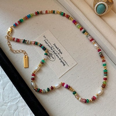 Premium Assorted Gemstone Rainbow Women Necklace Natural Freshwater pearl Choker