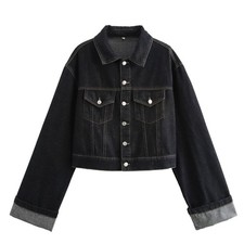 Women's Cropped Denim Jacket Button Up Long Sleeve TurnUp Cuff Jean Jacket Wo...