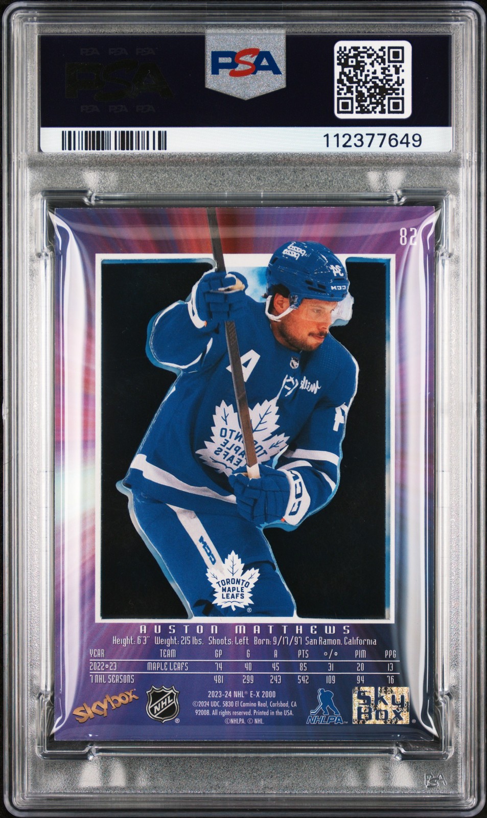 2023 SKYBOX E-X 2000 BLUE CREDENTIALS #82 AUSTON MATTHEWS 036/299 PSA 6 view 2