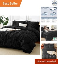 Queen Comforter Set 7 Pieces Black Pintuck Bed in a Bag All Season