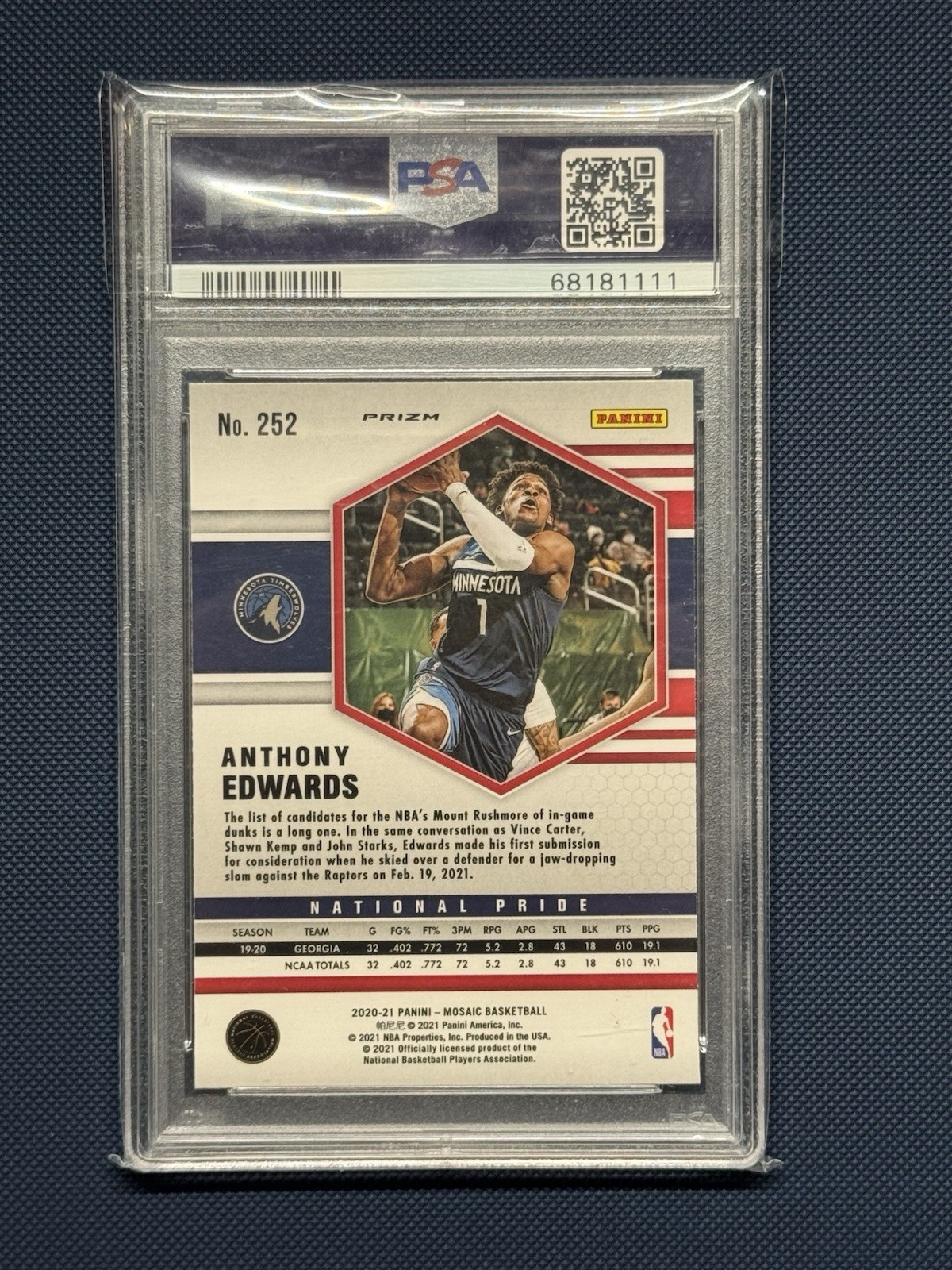 2020 Mosaic Anthony Edwards Camo Pink #252 PSA 10 view 2