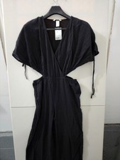 HM Jumpsuit Womens M BLK Faux Wrap Cutouts Straight Wide Woven Dobby Cotton New