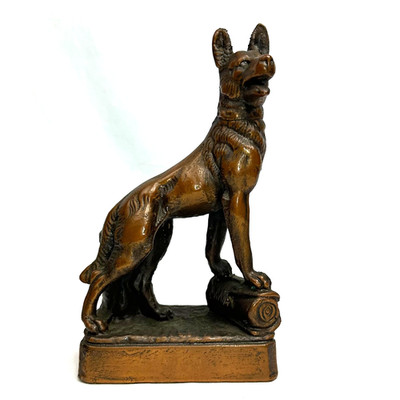 Vintage German Shepherd Dog Statue Bronze Finish Spelter Figural 7'' Guard Dog